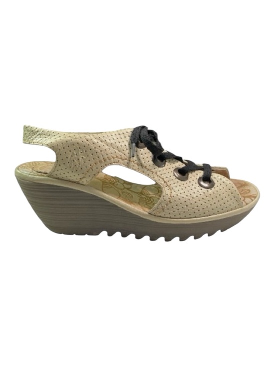 Fly London Shoes - Fly London Wedge Leather Sandals Size 9 Cream Cut Out Perforated Lace Ups